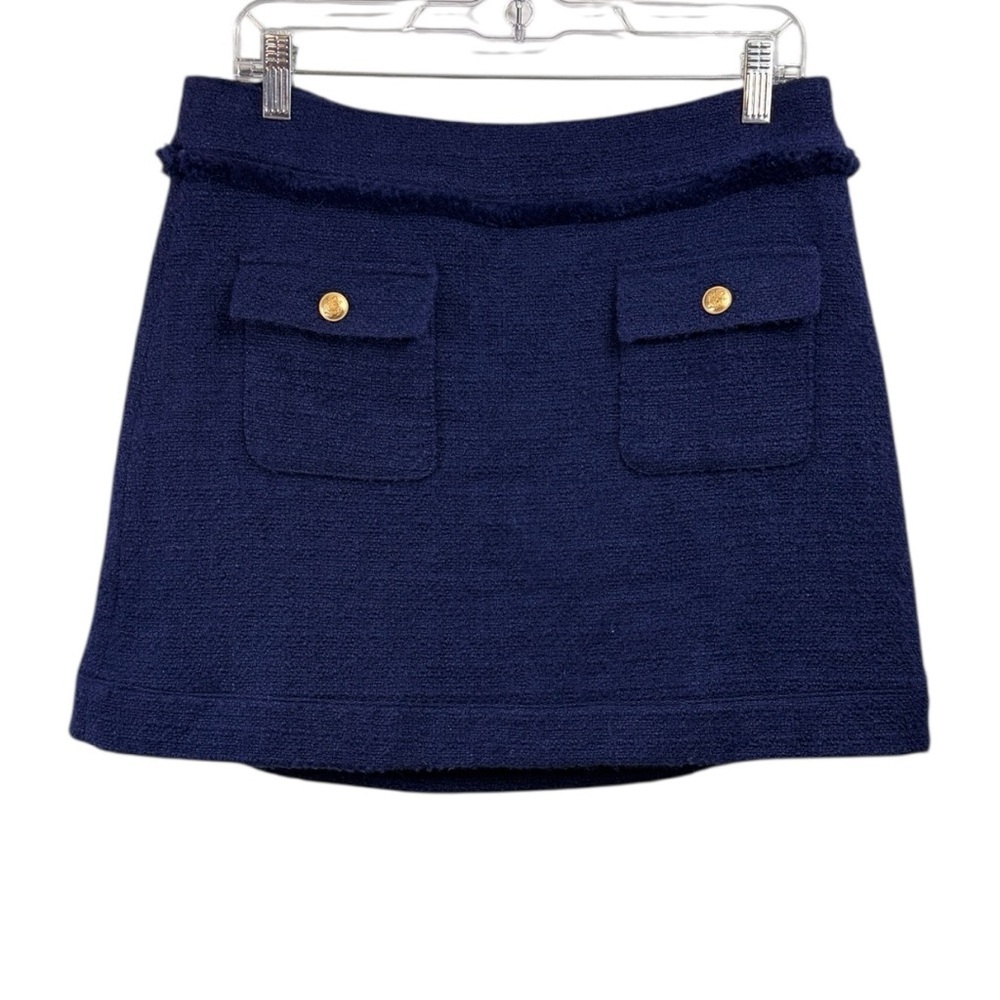 J. Crew Size 8 Blue Patch Pocket Mini Wool Blend Lady Skirt Gold Crest Buttons